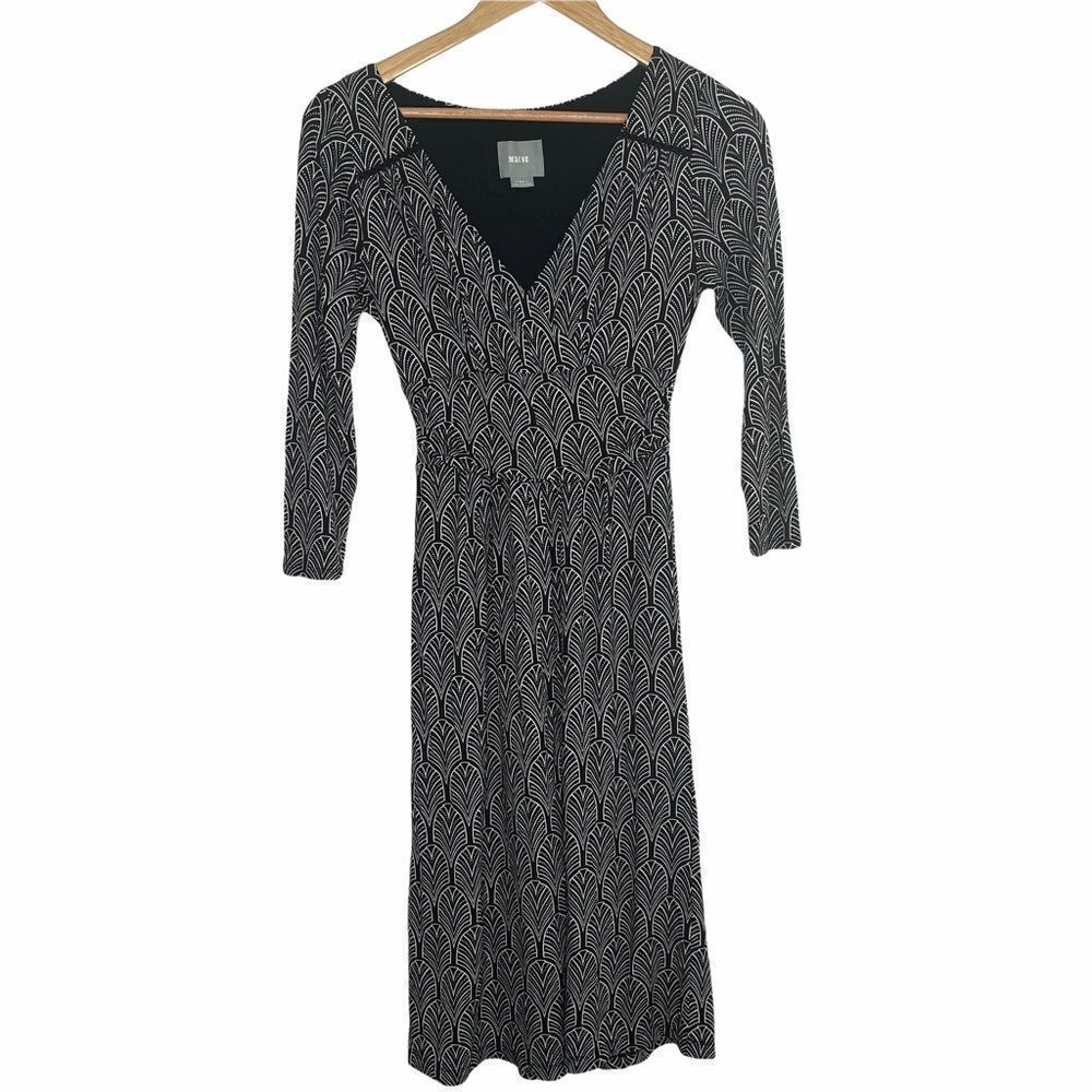 Anthropologie Maeve Black and White Galena V-Neck Botanical Print Midi Dress XS